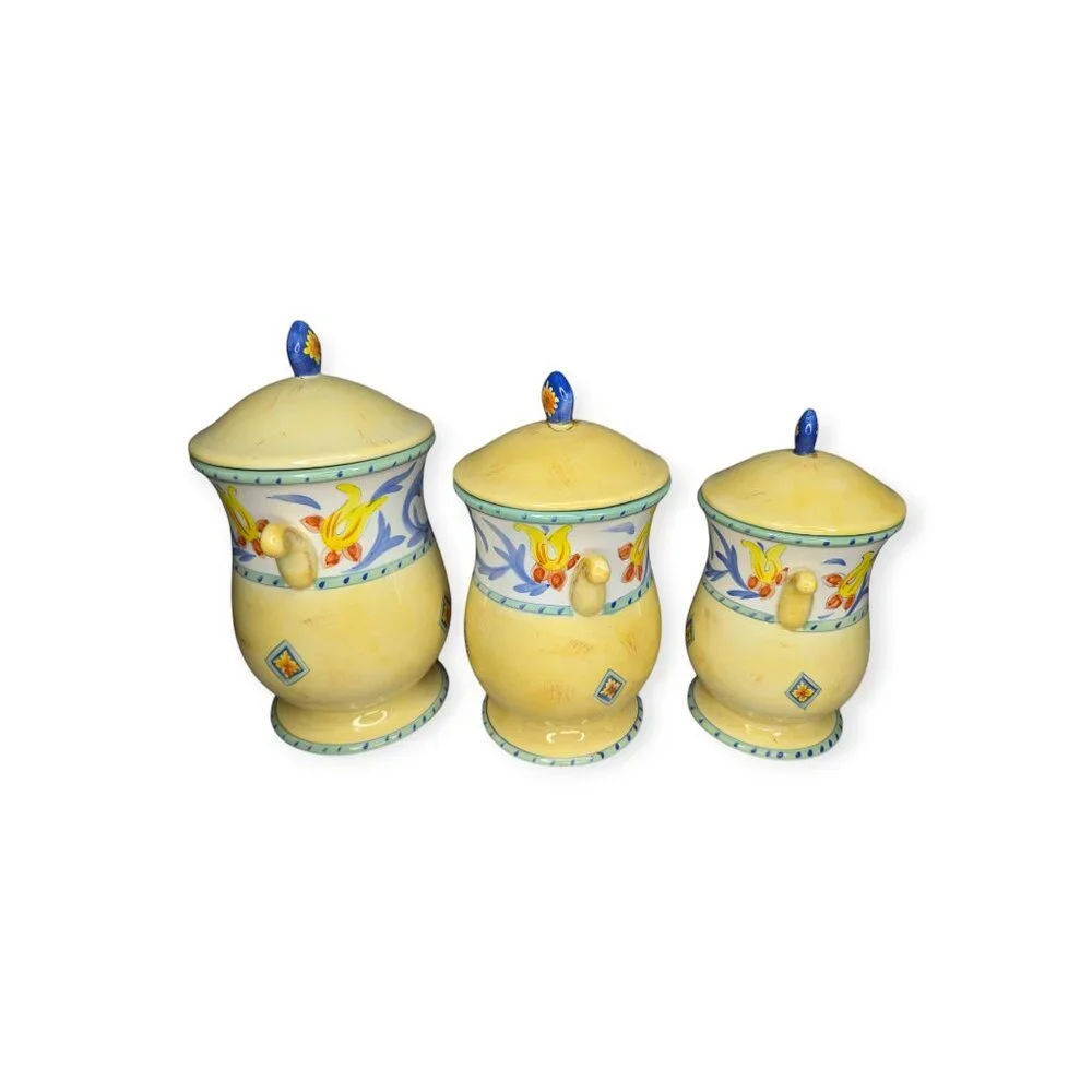 Set of 3 Karidesign Desert Ridge Imports Canisters-Yellow w/Floral Design